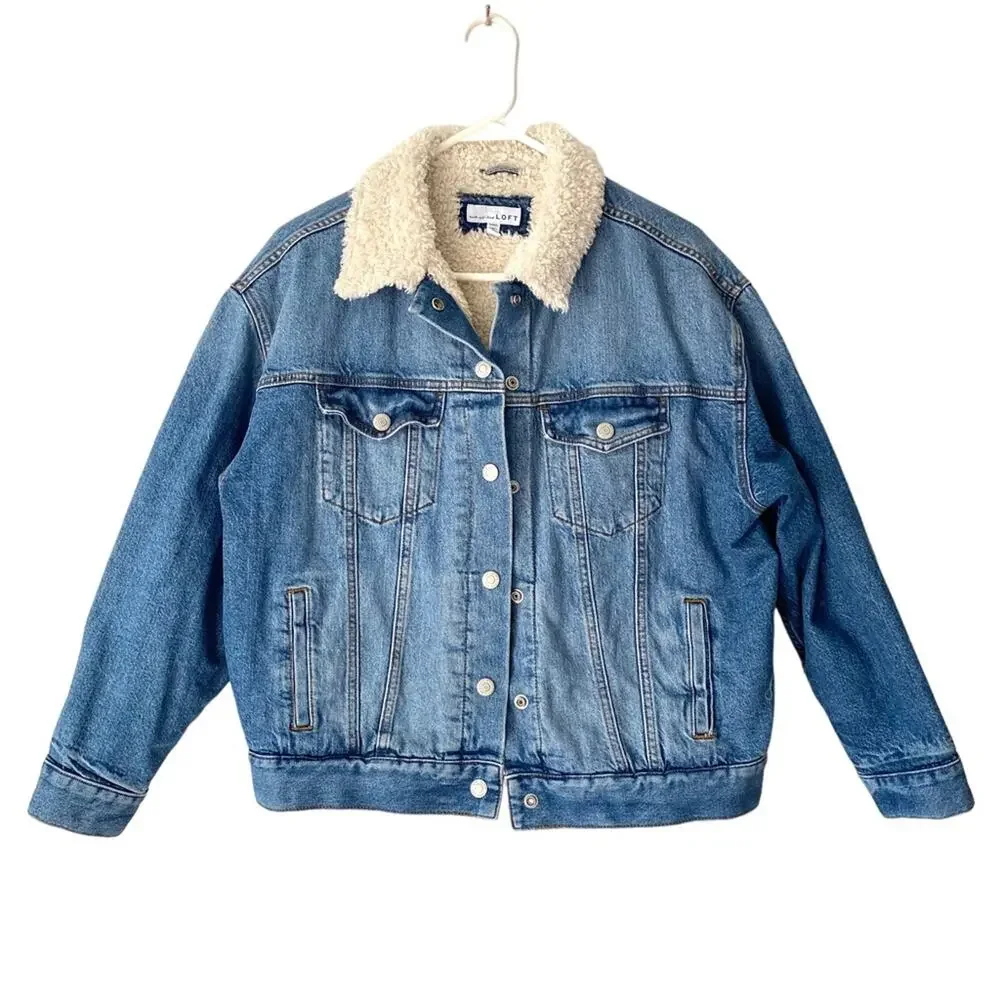 Ann Taylor Loft Sherpa Denim Jean Trucker Jacket size Medium